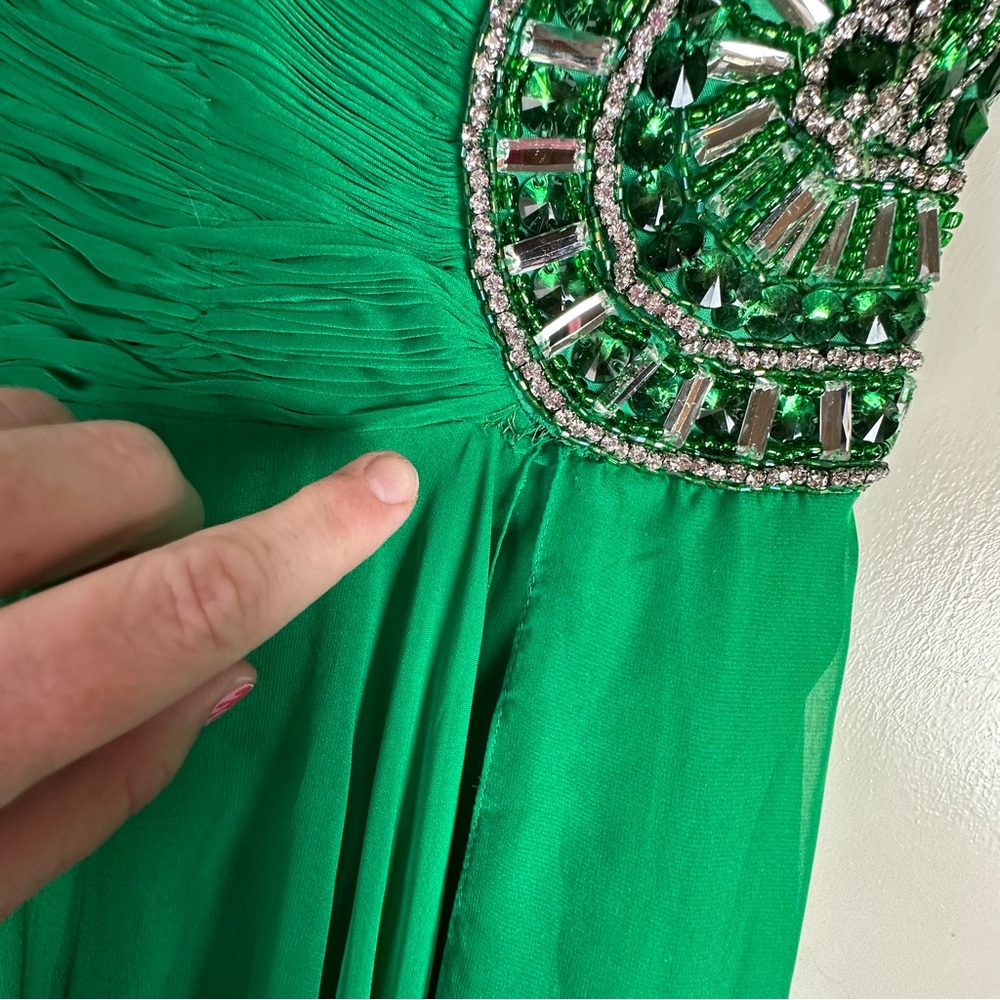 Sherri Hill EmeraldGreen Strapless PleatedTop Rhinestone/Jeweled Chiffon Dress 4 - Picture 15 of 16